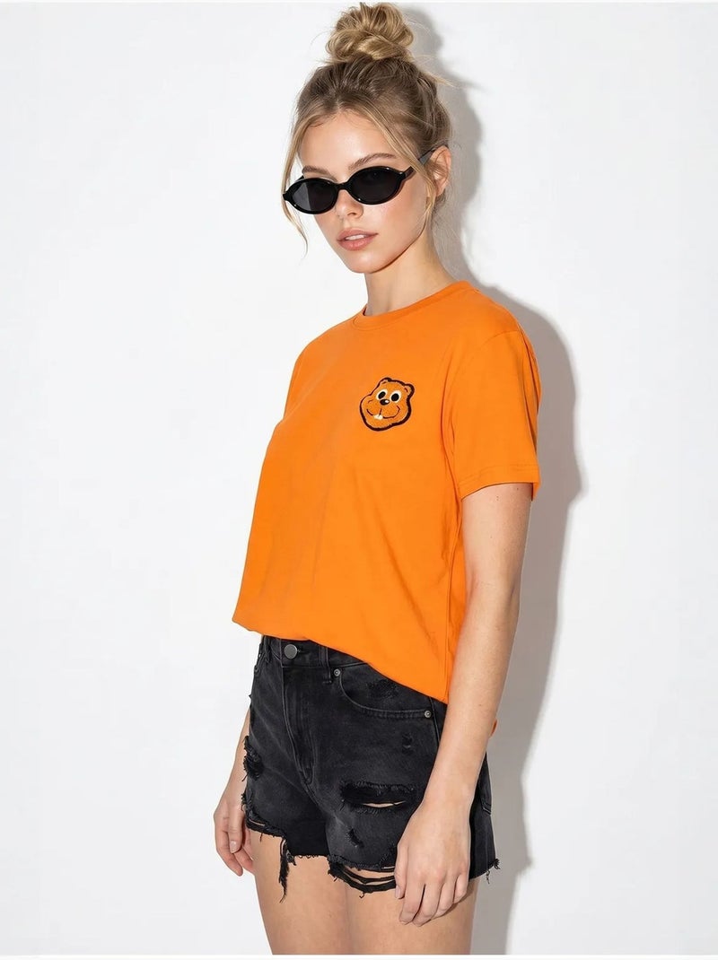 T-shirt oversize en coton avec broderie et col rond lucci Orange - Kiabi