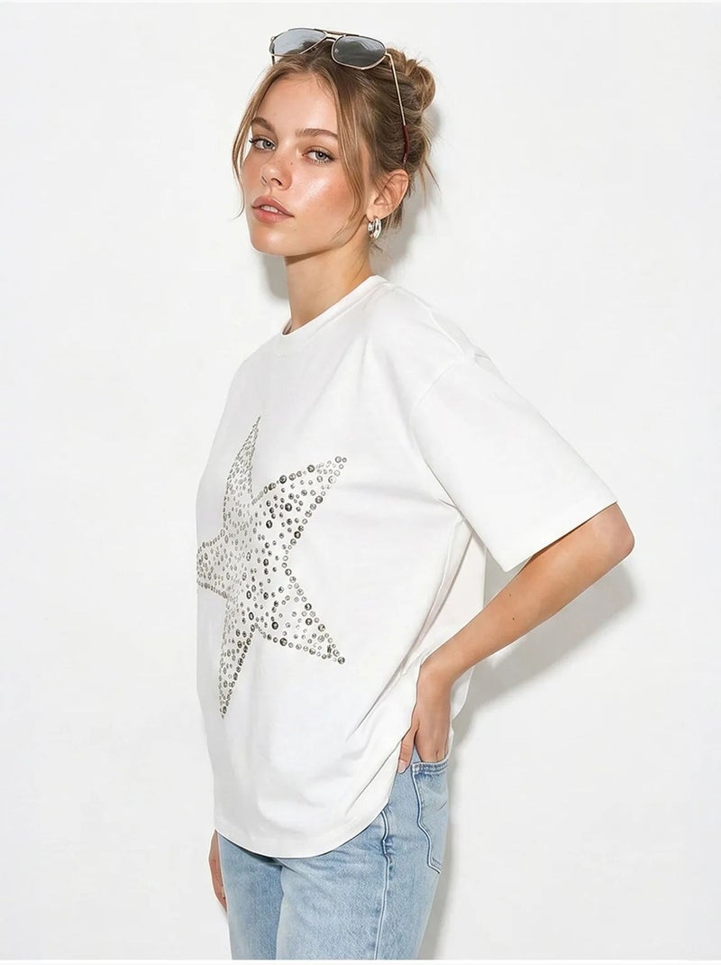 T-shirt oversize en coton avec étoile à sequins lucci Blanc cassé - Kiabi