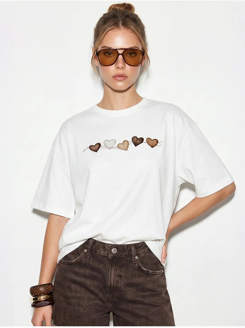 T-shirt oversize en coton avec imprimé cœur lucci Blanc - Kiabi