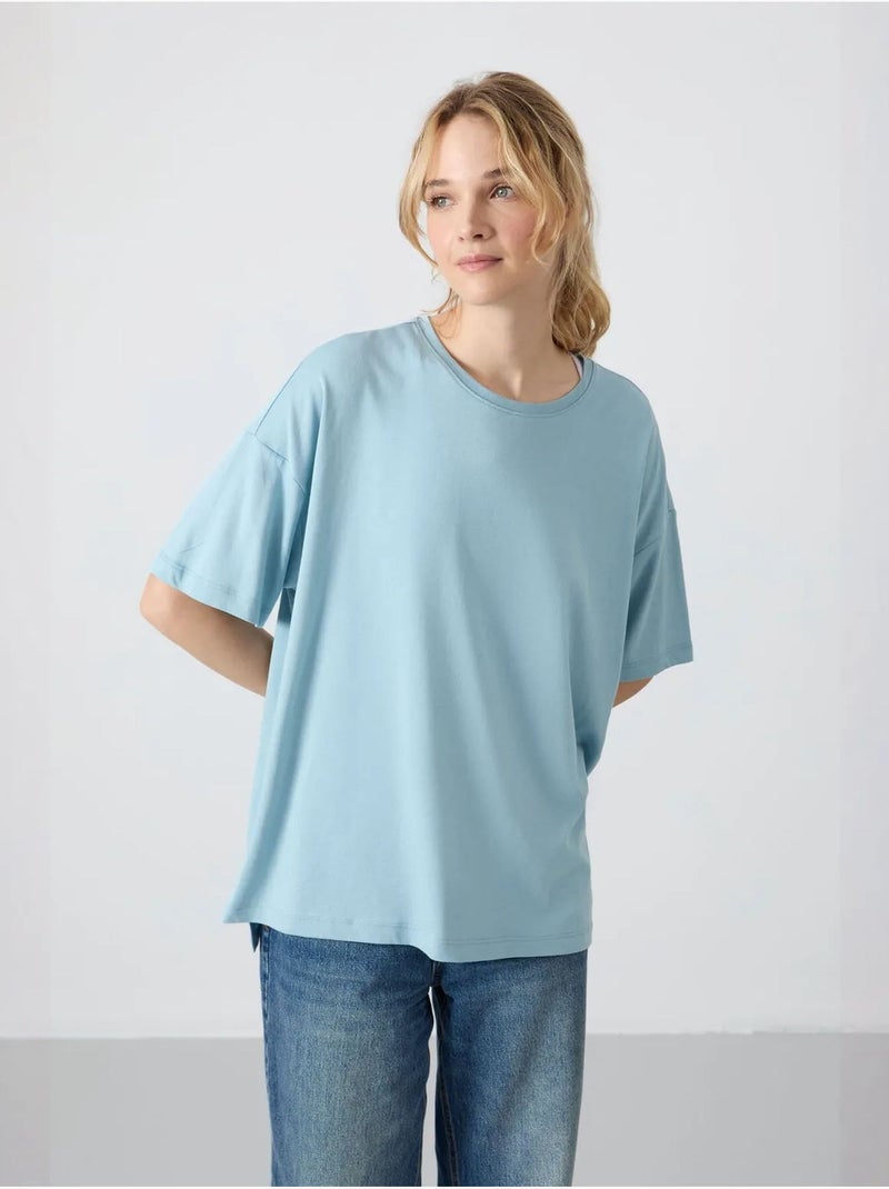 T-shirt oversize en coton et modal à col rond tommy Bleu ciel - Kiabi