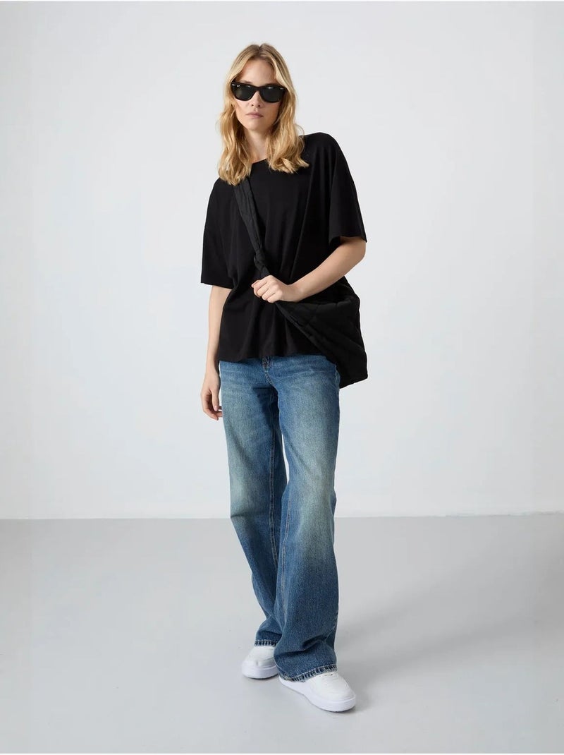 T-shirt oversize en coton et modal à col rond tommy Noir - Kiabi