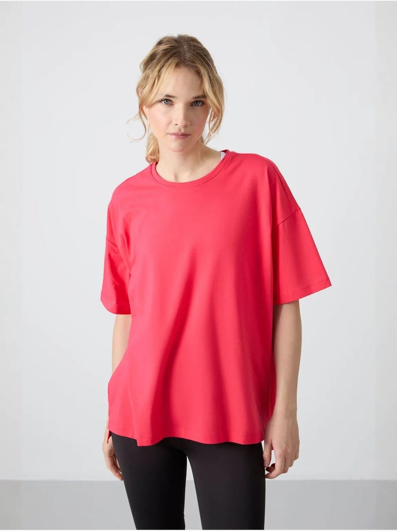 T-shirt oversize en coton et modal à col rond tommy Rose dragée - Kiabi