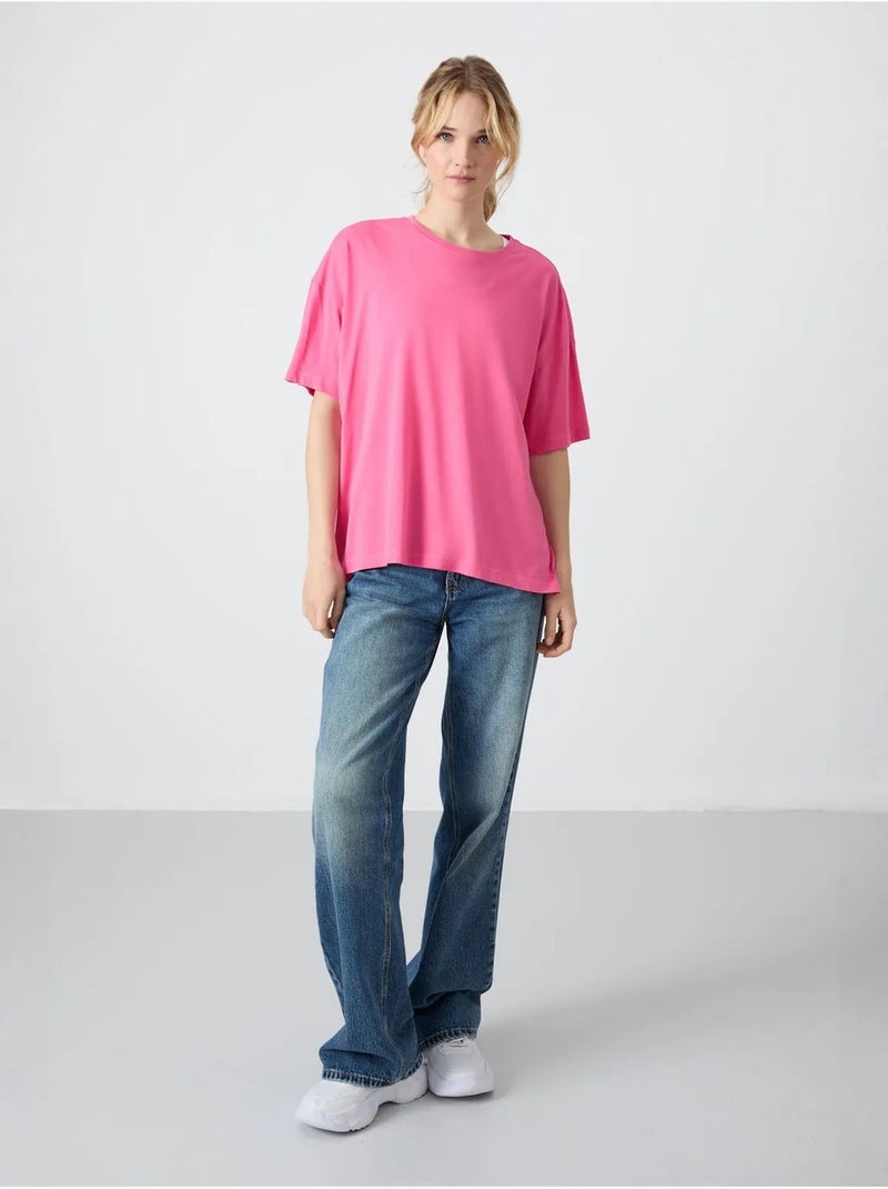 T-shirt oversize en coton et modal à col rond tommy Rose fluo/Solinotes - Kiabi