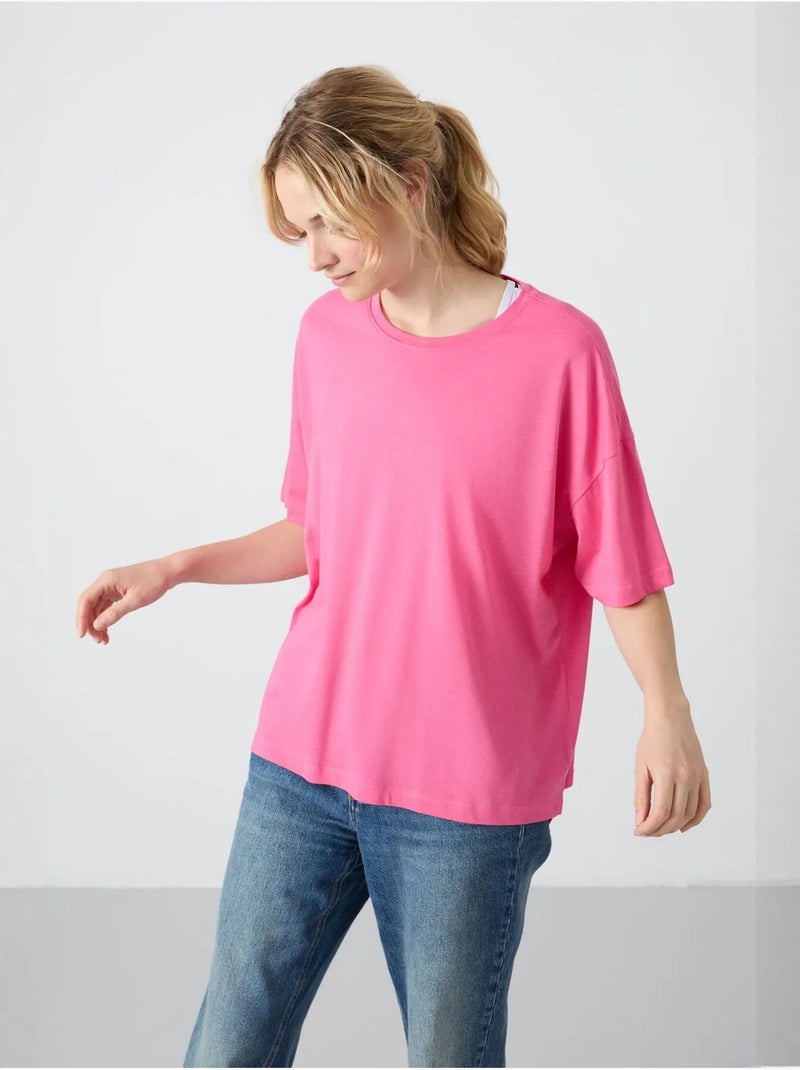 T-shirt oversize en coton et modal à col rond tommy Rose fluo/Solinotes - Kiabi