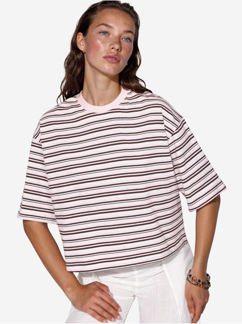 T-shirt oversize en coton rayé à col rond busem Blanc cassé - Kiabi