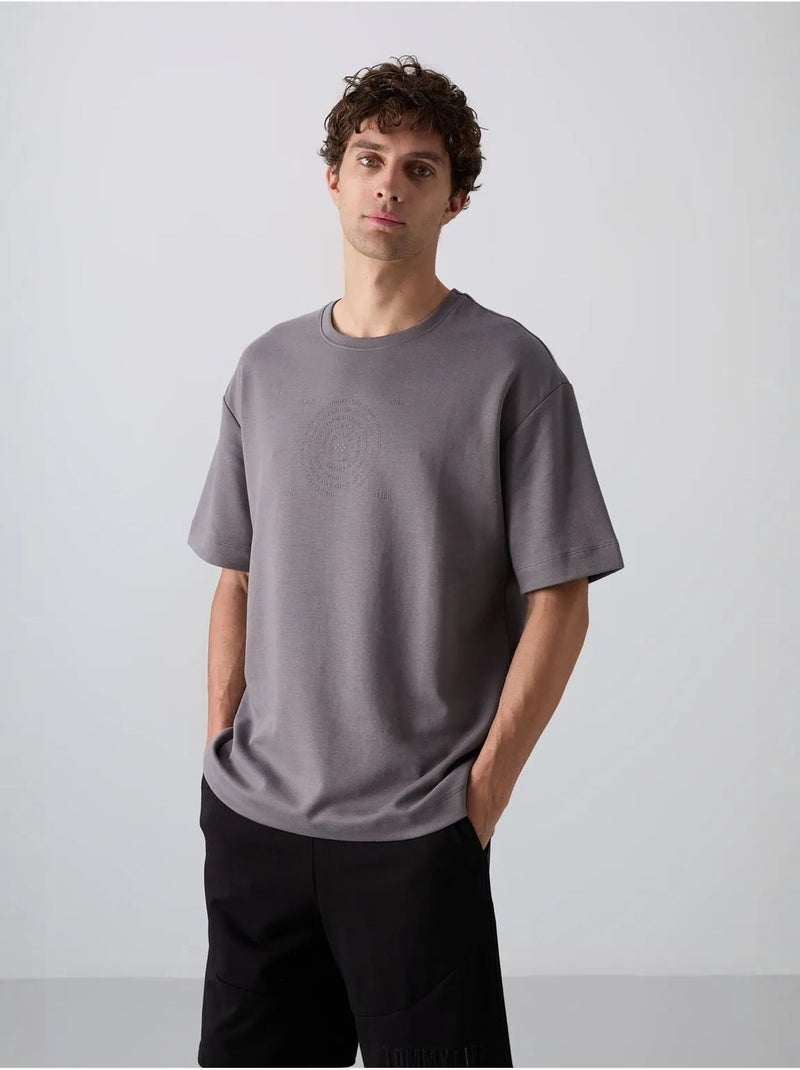 T-shirt oversize en mélange coton à col rond tommy Gris Noir - Kiabi