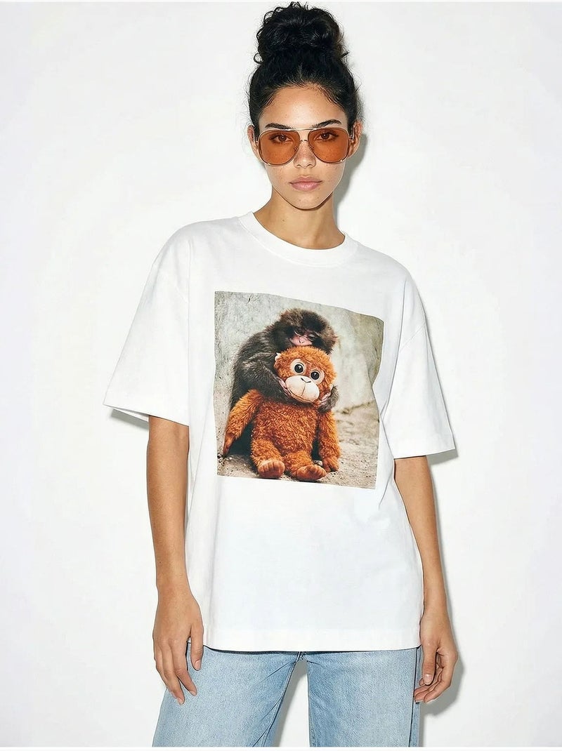 T-shirt oversize imprimé à col rond lucci avec détail accessoire Blanc - Kiabi
