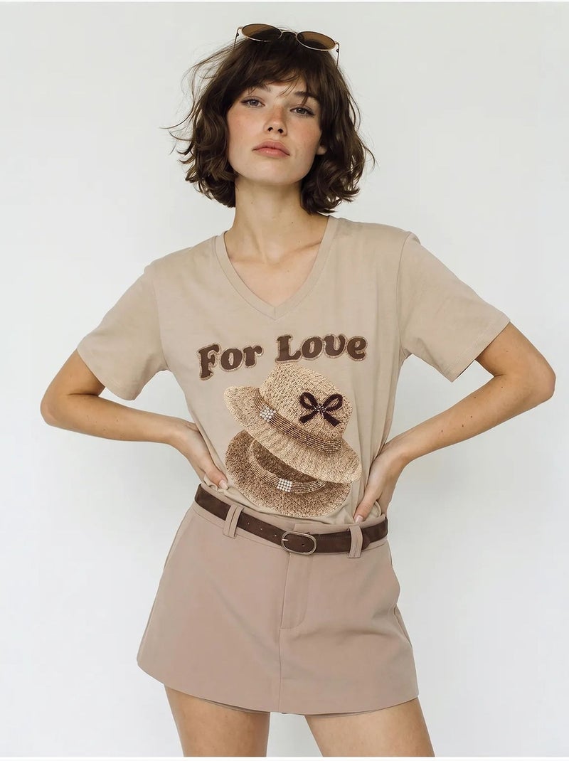 T-shirt oversize imprimé à col v lucci Beige argile - Kiabi