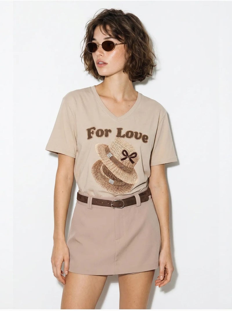 T-shirt oversize imprimé à col v lucci Beige argile - Kiabi