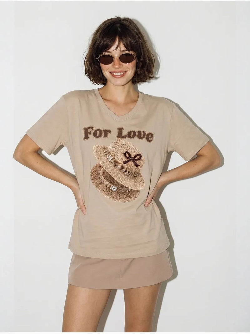 T-shirt oversize imprimé à col v lucci Beige argile - Kiabi