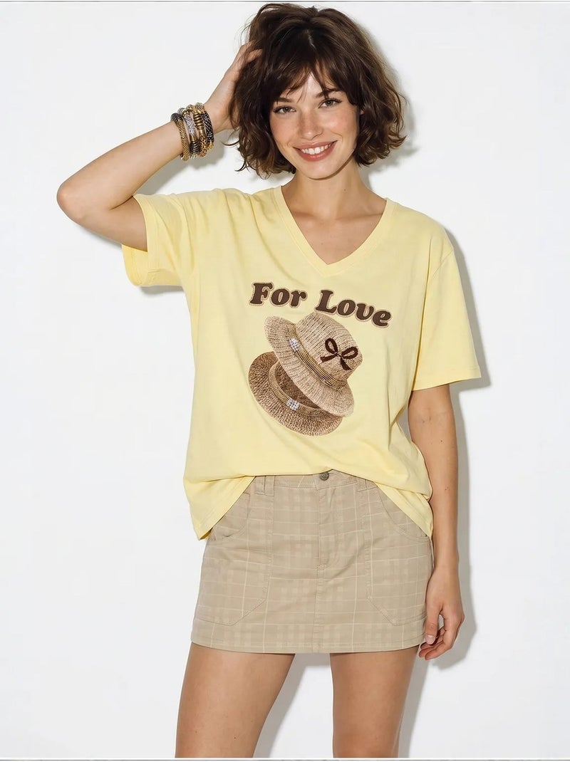 T-shirt oversize imprimé à col v lucci Jaune citron - Kiabi