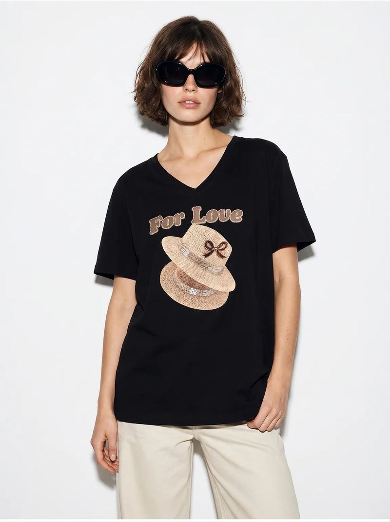 T-shirt oversize imprimé à col v lucci Noir - Kiabi