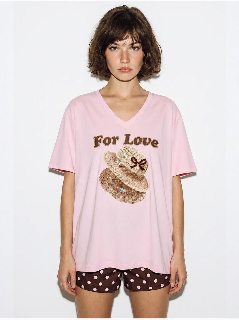 T-shirt oversize imprimé à col v lucci Rose clair - Kiabi