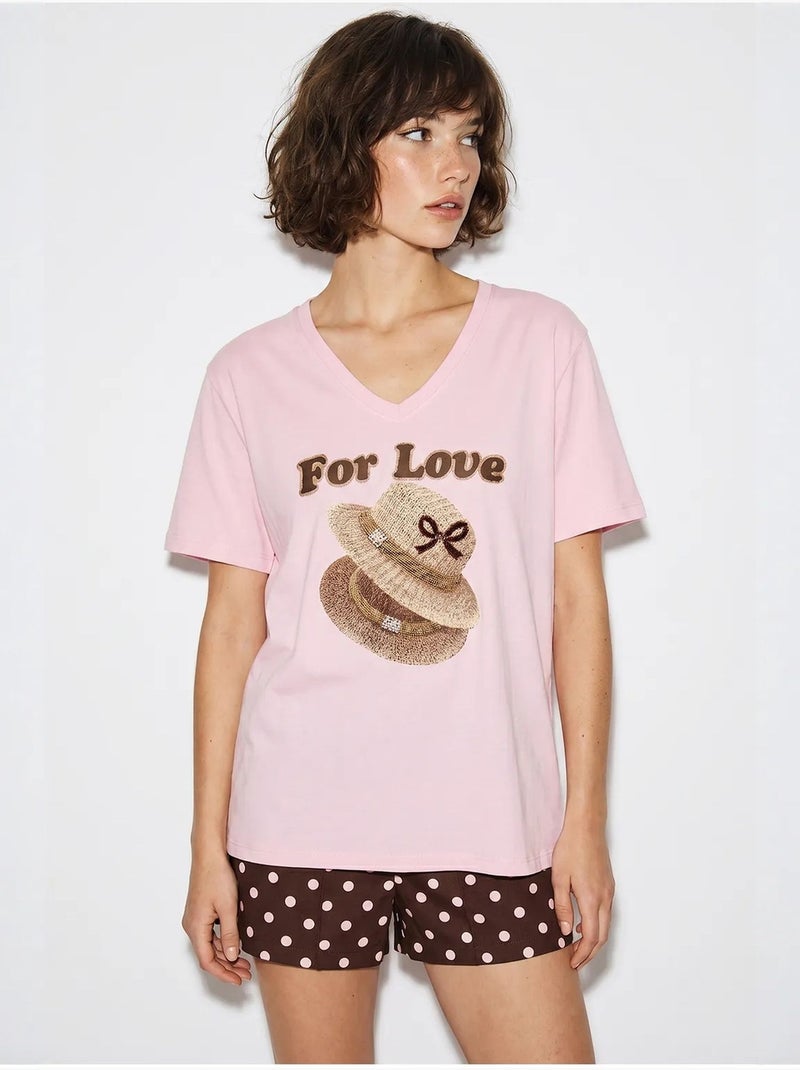 T-shirt oversize imprimé à col v lucci Rose clair - Kiabi