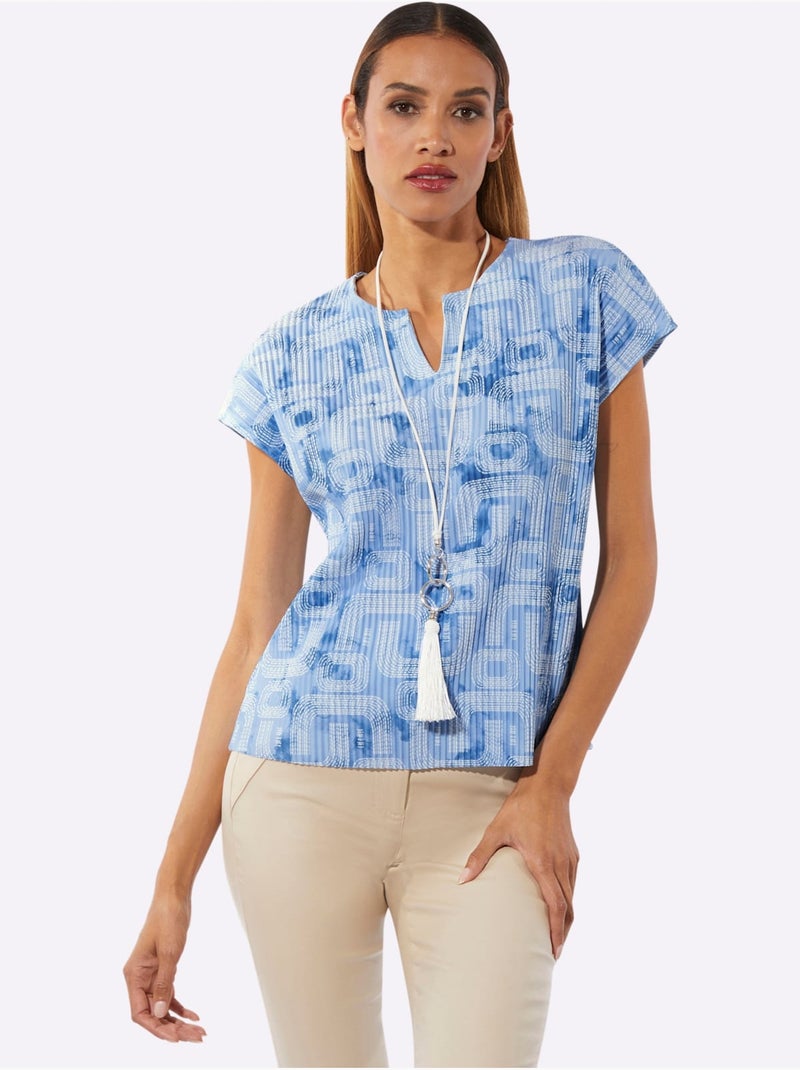 T-shirt Plissé En Polyester Recyclé - Taille Standard - Helline Bleu Ecru - Kiabi
