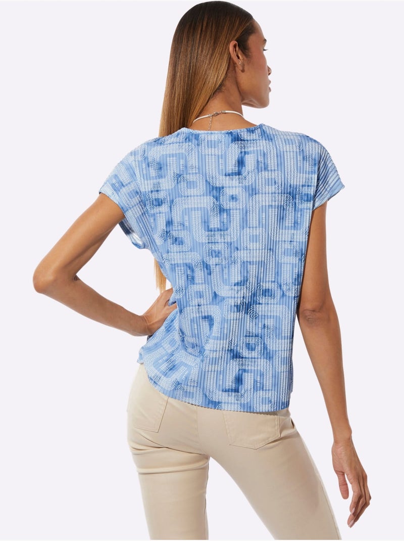 T-shirt Plissé En Polyester Recyclé - Taille Standard - Helline Bleu Ecru - Kiabi