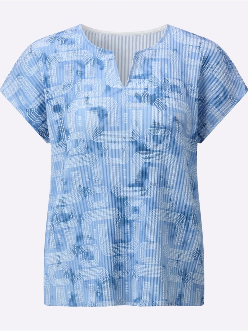 T-shirt Plissé En Polyester Recyclé - Taille Standard - Helline Bleu Ecru - Kiabi