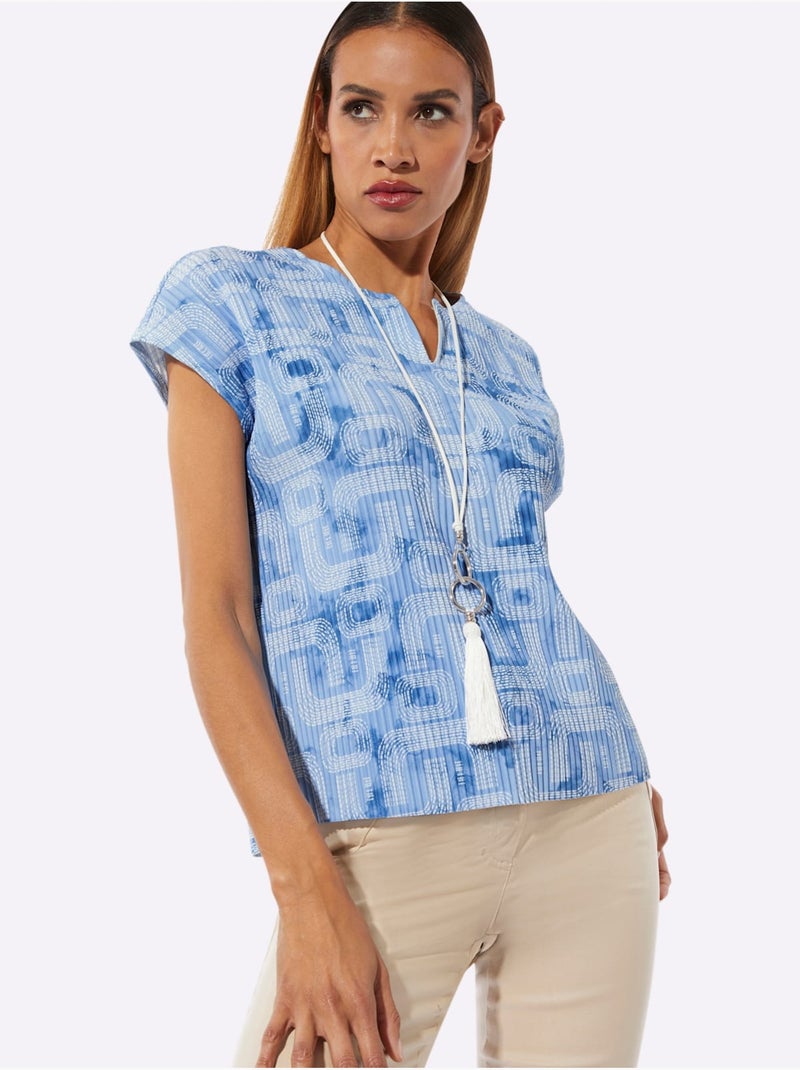 T-shirt Plissé En Polyester Recyclé - Taille Standard - Helline Bleu Ecru - Kiabi
