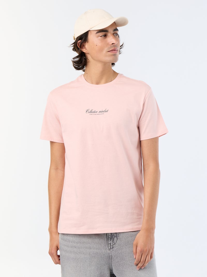 T-shirt pour homme en coton à col rond imprimé Rose - Kiabi