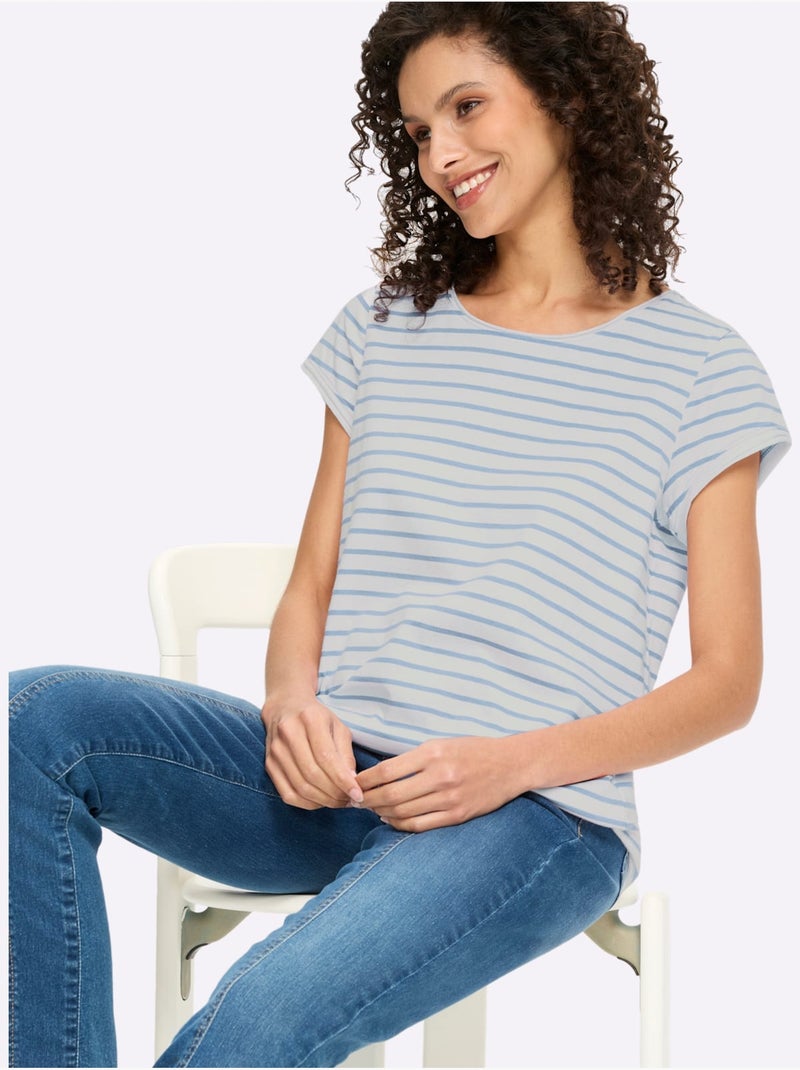 T-shirt Pur Coton - Taille Standard - Helline Blanc Bleu - Kiabi