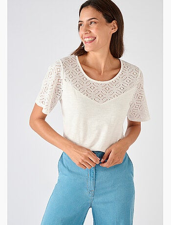 T-shirt pur coton empiècement macramé - Damart