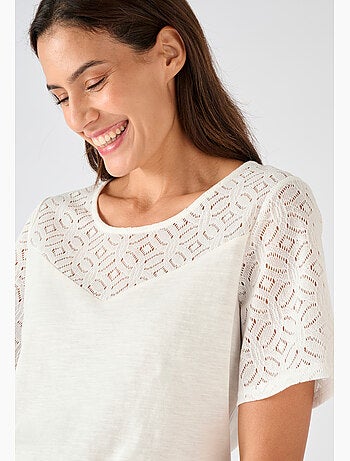 T-shirt pur coton empiècement macramé - Damart