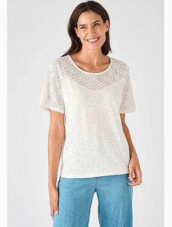 T-shirt pur coton empiècement macramé - Damart