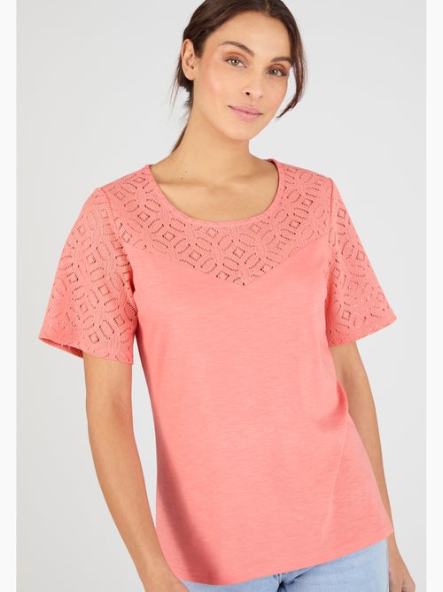 T-shirt pur coton empiècement macramé - Damart - Kiabi