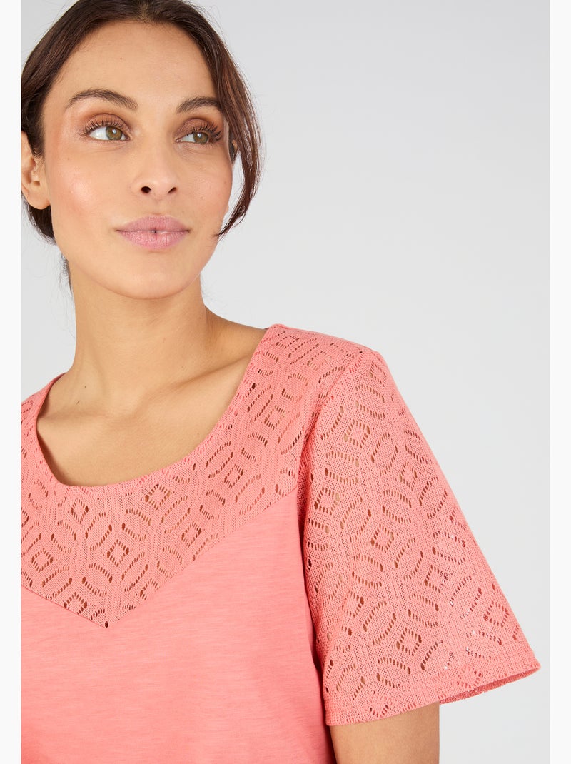 T-shirt pur coton empiècement macramé - Damart Orange - Kiabi