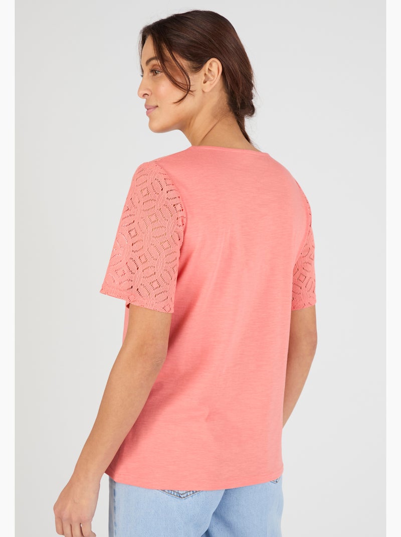 T-shirt pur coton empiècement macramé - Damart Orange - Kiabi