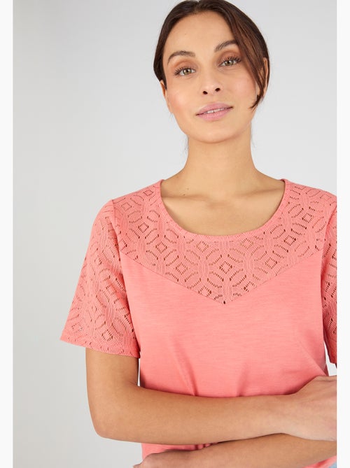 T-shirt pur coton empiècement macramé - Damart - Kiabi