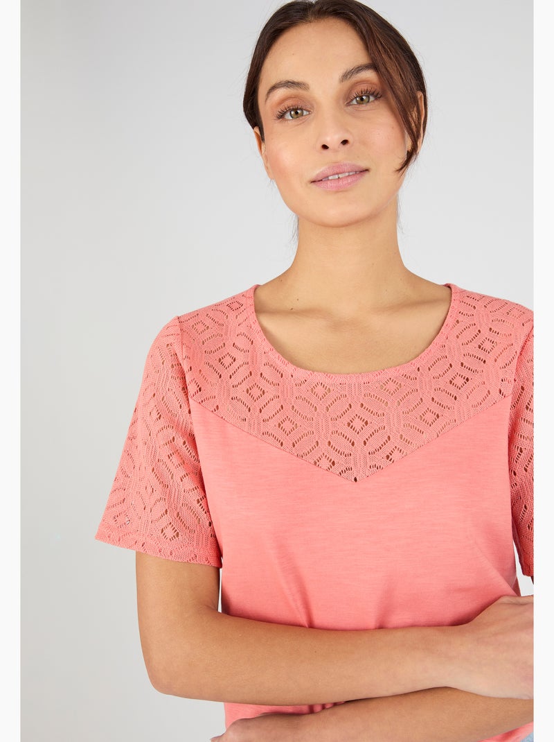 T-shirt pur coton empiècement macramé - Damart Orange - Kiabi
