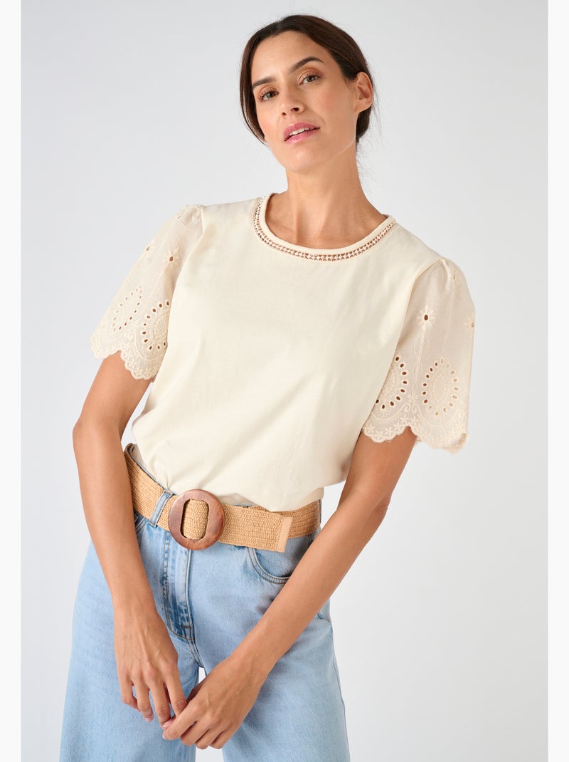 T-shirt pur coton manches brodées - Damart Marron - Kiabi