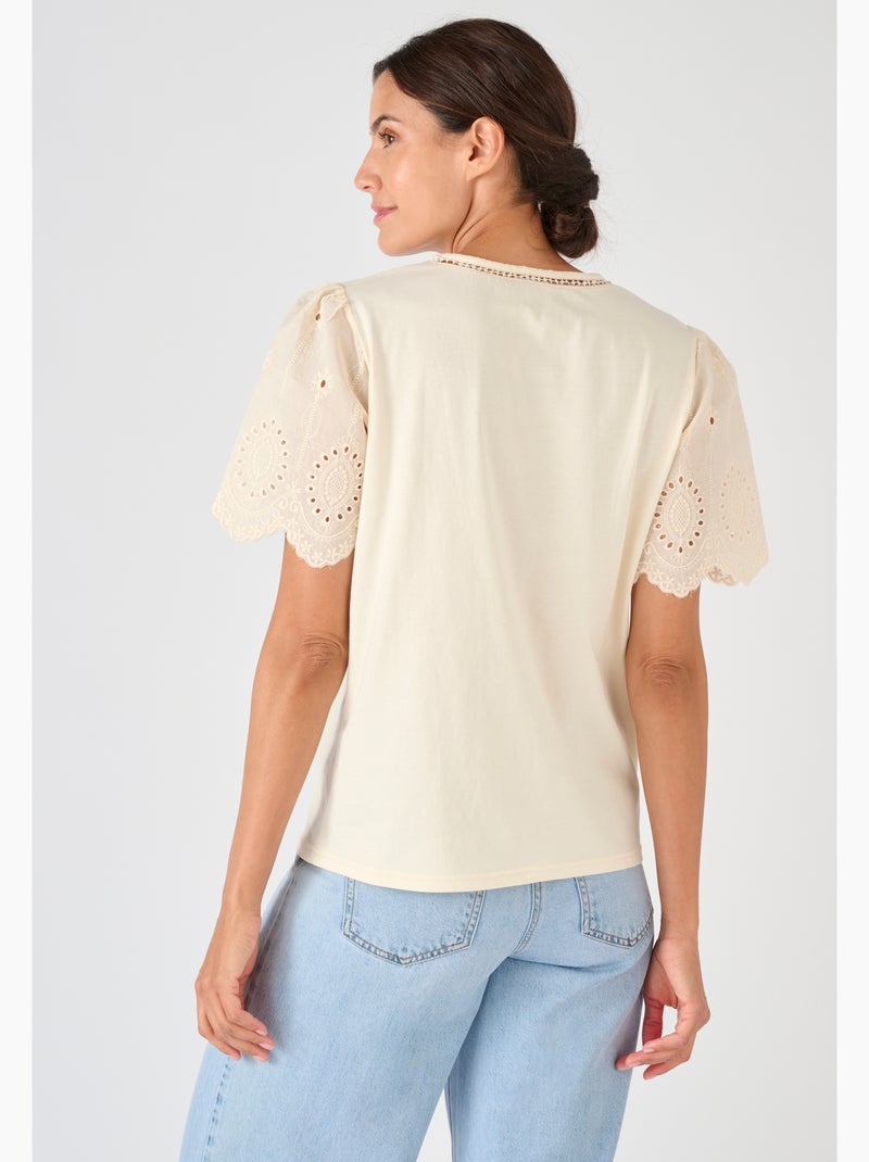 T-shirt pur coton manches brodées - Damart Marron - Kiabi