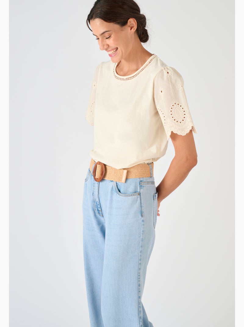 T-shirt pur coton manches brodées - Damart Marron - Kiabi