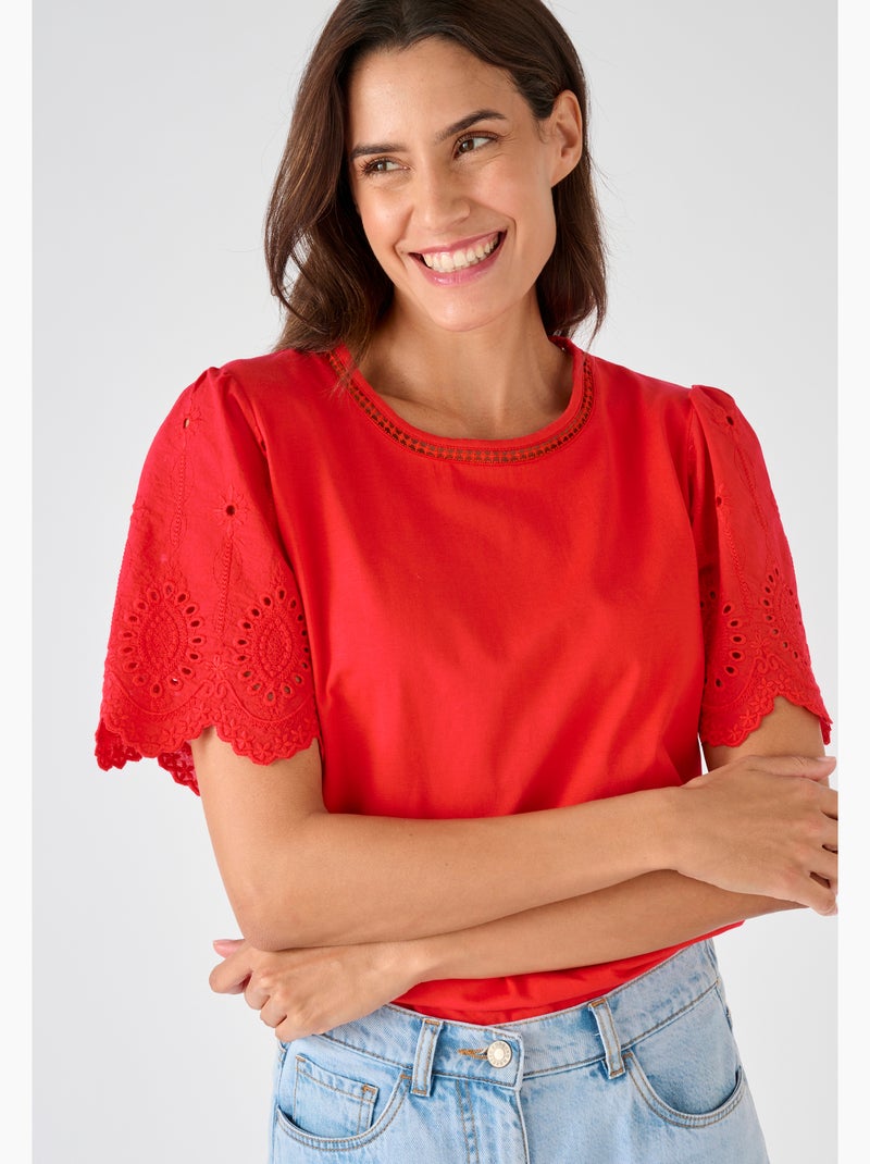 T-shirt pur coton manches brodées - Damart Rouge - Kiabi