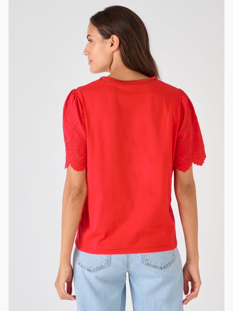 T-shirt pur coton manches brodées - Damart Rouge - Kiabi