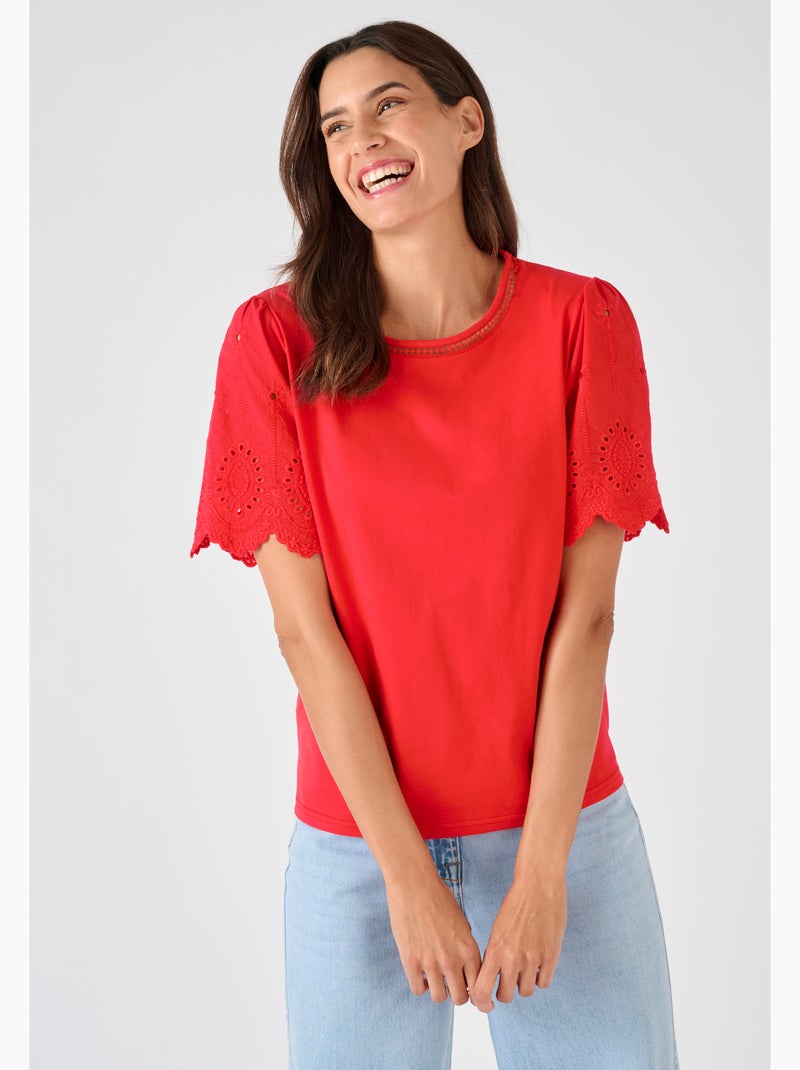 T-shirt pur coton manches brodées - Damart Rouge - Kiabi