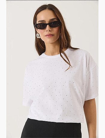 T-shirt ras du cou à manches courtes et détails pailletés bianco lucci
