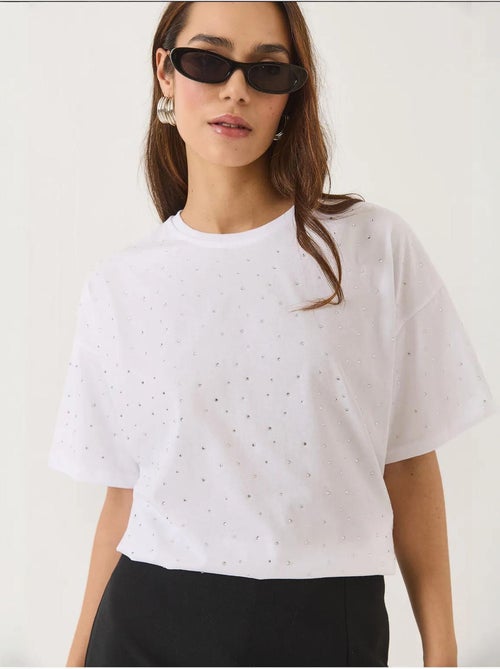 T-shirt ras du cou à manches courtes et détails pailletés bianco lucci - Kiabi T-shirt ras du cou à manches courtes et détails pailletés bianco lucci - Kiabi