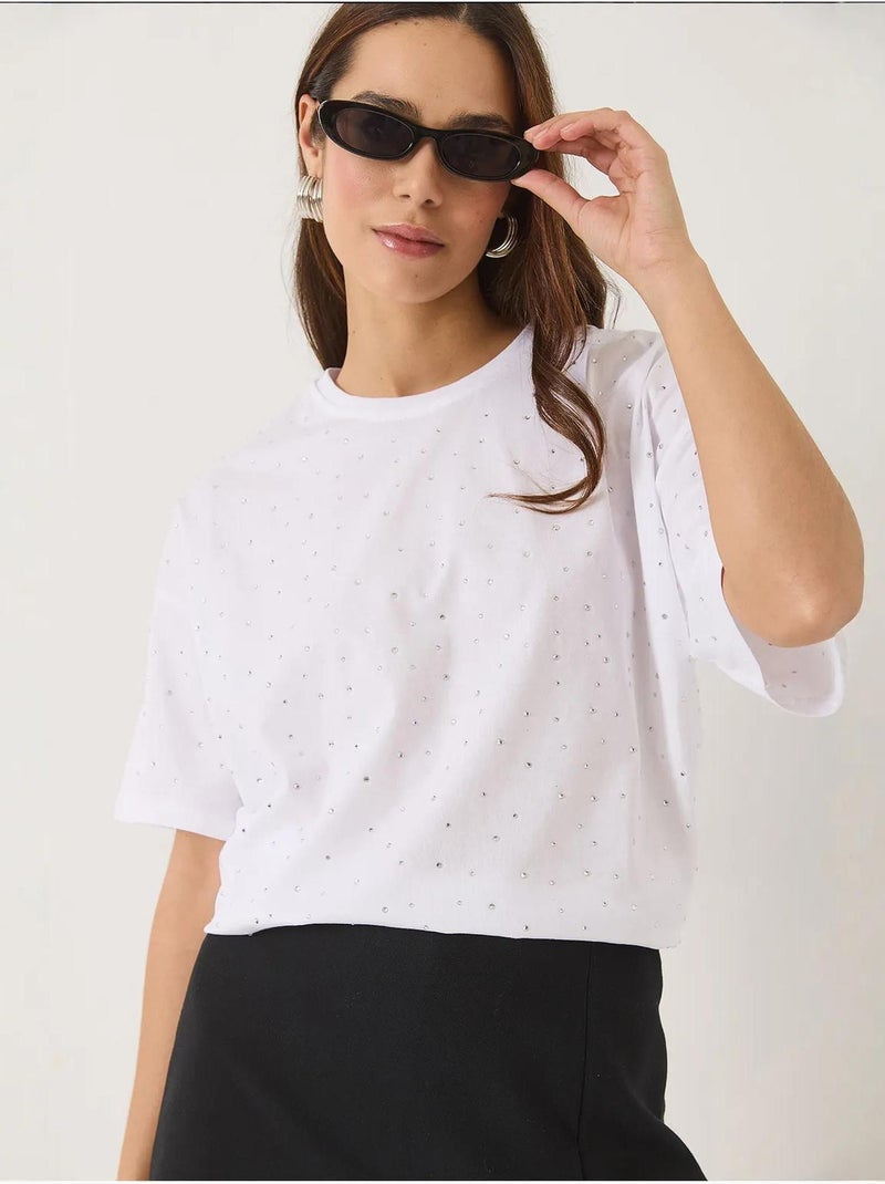 T-shirt ras du cou à manches courtes et détails pailletés bianco lucci Blanc - Kiabi