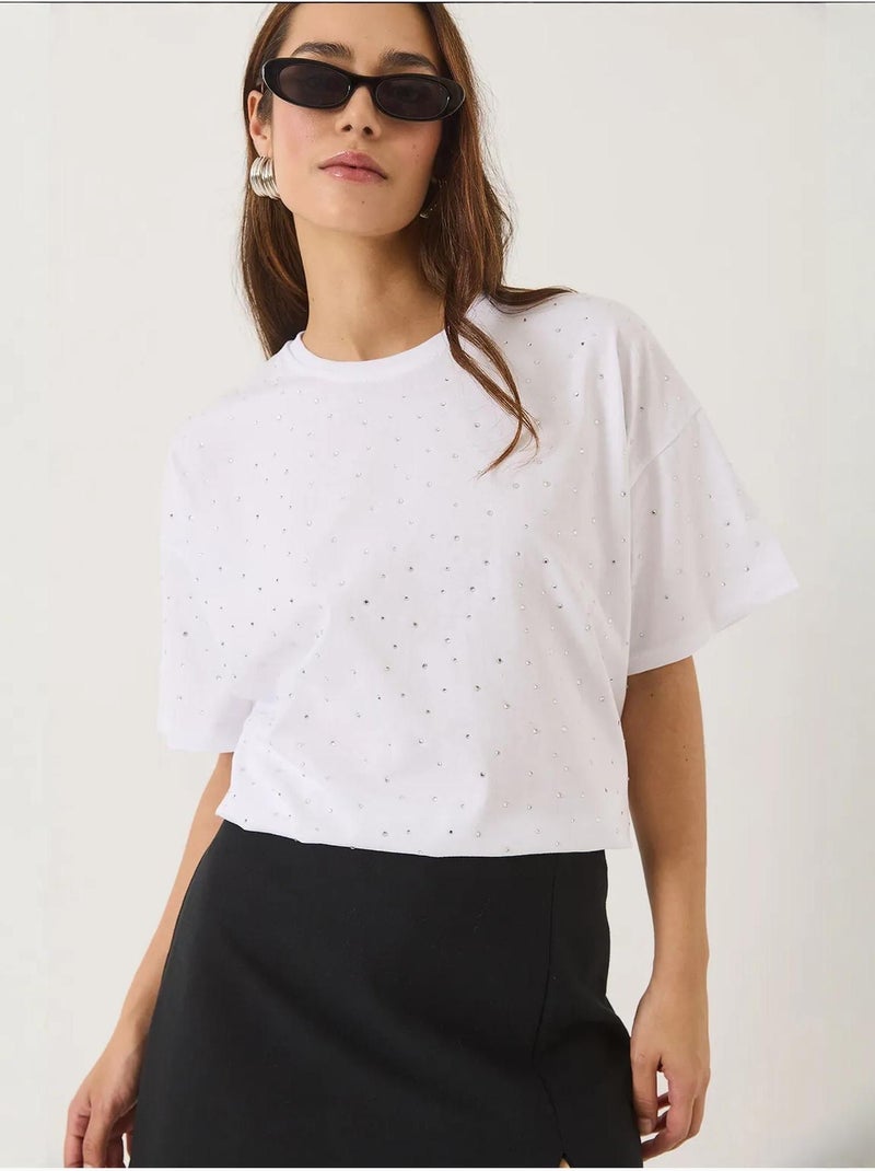 T-shirt ras du cou à manches courtes et détails pailletés bianco lucci Blanc - Kiabi