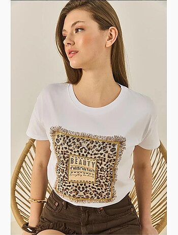 T-shirt ras du cou à manches courtes et imprimé léopard bianco , coupe classique lucci