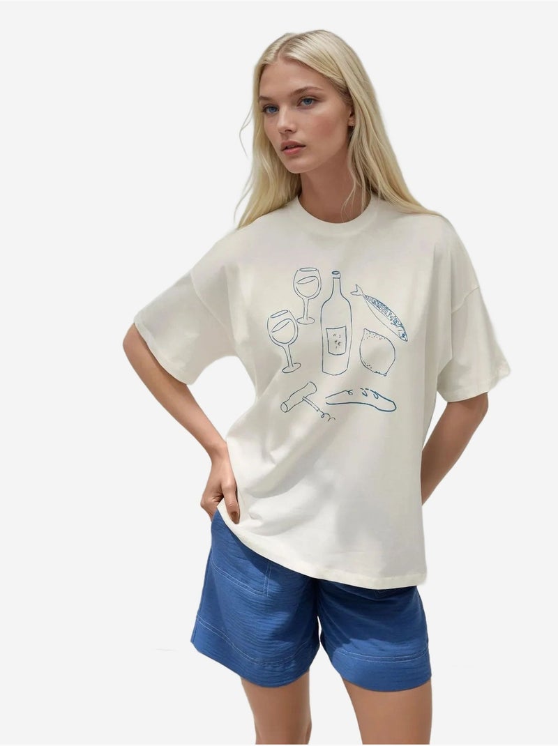 T-shirt ras du cou imprimé surdimensionné Ecru - Kiabi