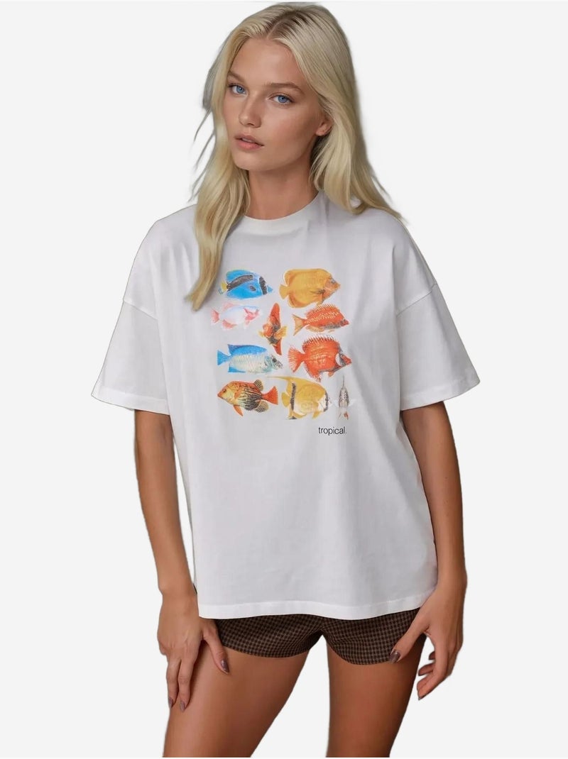 T-shirt ras du cou imprimé surdimensionné Ivoire - Kiabi