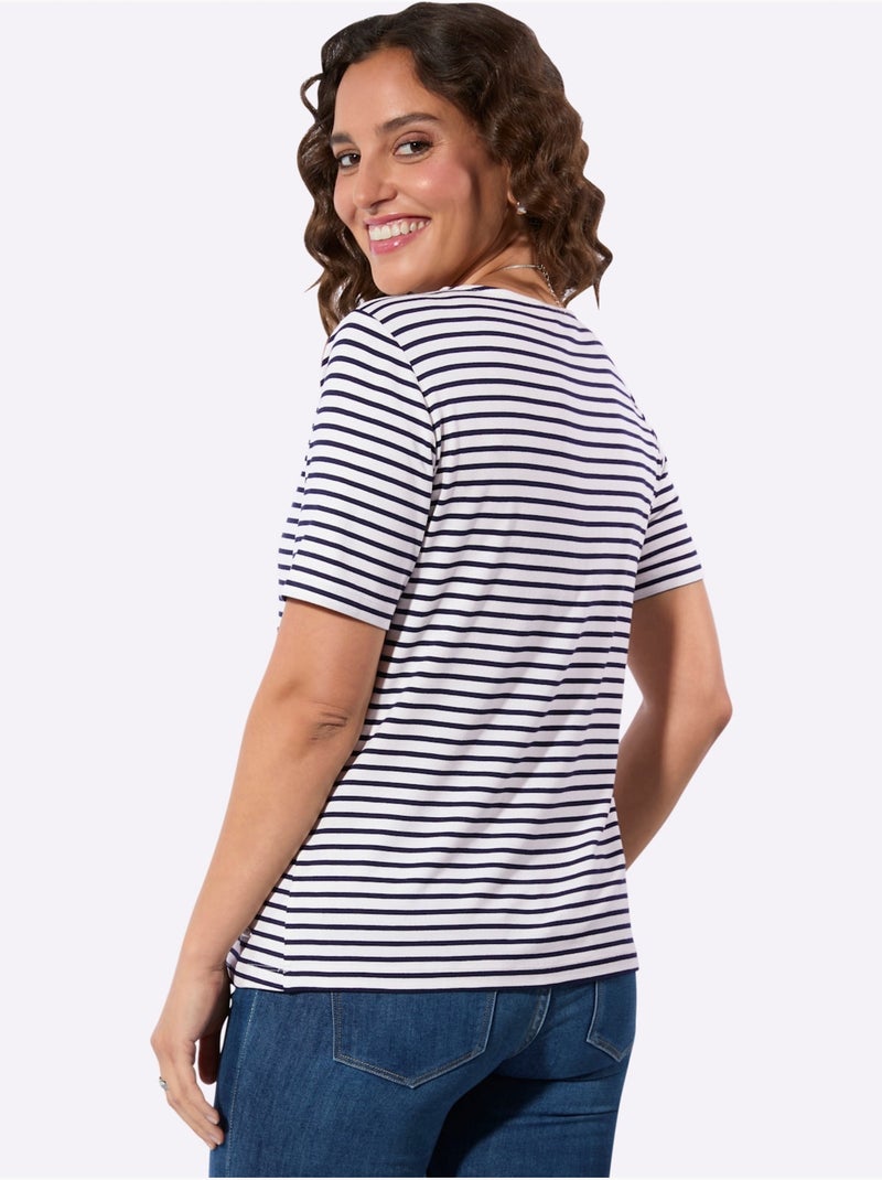 T-shirt Rayé 95% Viscose - Taille Standard - Witt Bleu Ecru - Kiabi