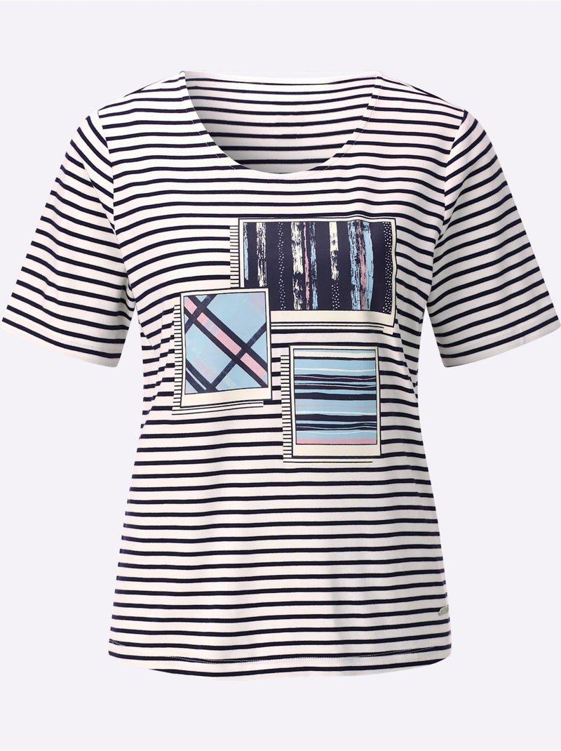 T-shirt Rayé 95% Viscose - Taille Standard - Witt Bleu Ecru - Kiabi