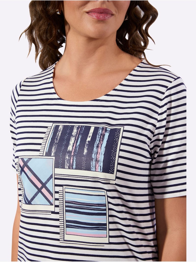 T-shirt Rayé 95% Viscose - Taille Standard - Witt Bleu Ecru - Kiabi
