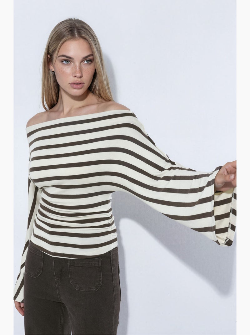 T-shirt rayé à col bateau et manches longues hiccup Crème - Kiabi