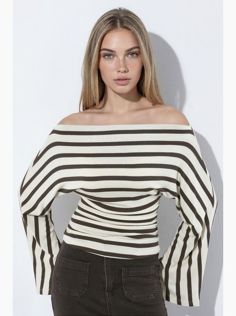 T-shirt rayé à col bateau et manches longues hiccup Crème - Kiabi